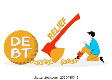 Get freedom after trapped by debt, credit, and bills. Financial problem business illustration concept. Businessman with legs chained to a giant yellow ball relief with giant axe