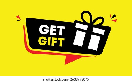Obter emblema de presente editável vetor arte ícone ilustração modelo web banner design com branco preto formas vermelhas amarelo abstrato plano de fundo moderno layout de negócios melhor para marketing digital uso