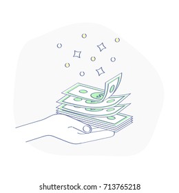 Get or give Money, cash in human hand. Concept of Gift, Profit, Earnings, Salary, Wages, Payment. Flat line vector illustration for web and mobile design.