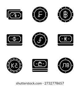 Get a glimpse of this amazing currency icons set in trendy glyph style