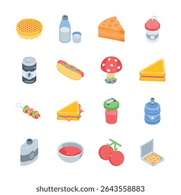 Veja este pacote de ícones isométricos de junk food e bebidas