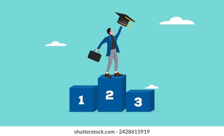 get graduation illustration, educational mission success, happy student standing on the first podium while carrying a graduation cap concept vector illustration with flat design style