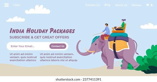 To get great deals, sign up for hot tours to India, and visit exotic places, ancient cultural monuments. Travel site for travelers. Website landing page template, internet site vector in flat style