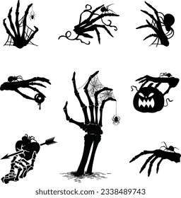 Mit unserer Kollektion "Spooky Grasp", einem Set aus 8 Halloween-Skelett mit Vektorgrafik-Illustrationen zum Thema Spinnenseide, können Sie sich die kühle Halloween-Designs in den Griff bekommen. 