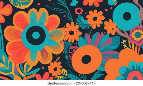 Get groovy with Retro Floral Frenzy: 70s-inspired bold flowers on dark backdrop. Ideal for vintage design, prints, decor. Editable, Customizable.