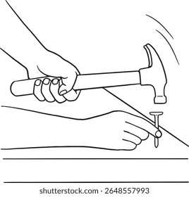 Get hands-on with this clear line art illustration of hands hammering a nail into wood. Perfect for DIY projects, construction, carpentry, or home improvement themes. Ideal for tutorials, workshops.
