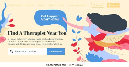 Get happier right now, find a therapist near you. Psychological help and care for the patient, specialist encouraging to live life. Website landing page, online page template. Vector in flat style