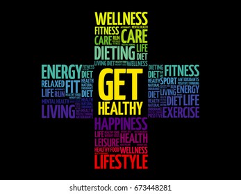 Get Healthy word cloud, health cross concept