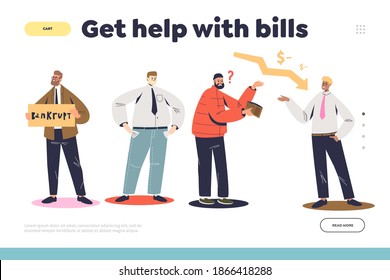 Get help with bills landing page concept with bankrupt businesspeople in financial crisis. Business bankruptcy and recession, money loss. Flat vector illustration
