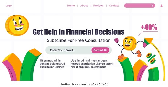 Get help in financial decisions subscribe for free consultation. Money cash in bank, loan and investment for customers. Website landing page template, online site vector in flat style, coin character