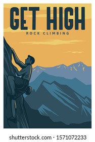 Get high rock climbing poster template in vintage retro style with mountain background