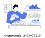 Get hiking shoes isolated cartoon vector illustrations. Young man choosing footwear in outdoor equipment store, smart retail, shopping day, hiking gear, trying on shoes vector cartoon.