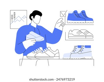 Holen Sie sich Wanderschuhe isoliert Cartoon-Vektorillustrationen. Junger Mann wählt Schuhe im Outdoor-Gerätehaus, smarter Einzelhandel, Einkaufstag, Wanderausrüstung, Vektorgrafik-Cartoon an Schuhen.