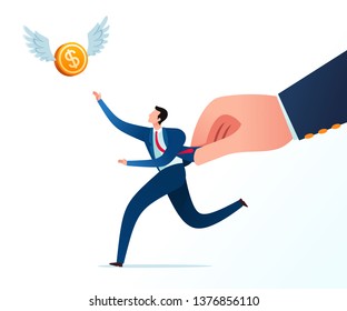 Get hold by boss while chase flying money in the sky. Business concept illustration.