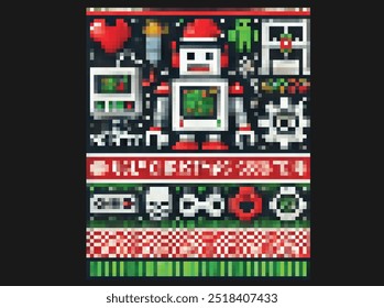 Entre no espírito do feriado com um pacote de ícone vetorial de 8 bits, exibindo símbolos clássicos de Natal como sinos, coroas de flores e luzes em estilo de arte retro pixel. Perfeito para decorar sites, aplicativos e robôs