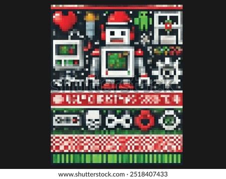 Get in the holiday spirit with an 8-bit vector icon pack, showcasing classic Christmas symbols like bells, wreaths, and lights in retro pixel art style. Perfect for decorating websites, apps, and robo