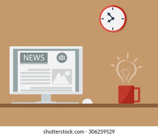 Get Idea From Coffee and Reading News at Monitor In Morning on Work Space Vector Illustration