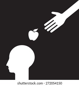 get an idea: hand of providence is dropping an apple on the human head