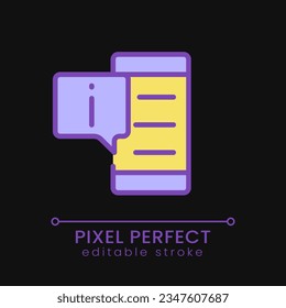 Get info from phone pixel perfect RGB color icon for dark theme. Information in smartphone. Notifications. Simple filled line drawing on night mode background. Editable stroke. Poppins font used