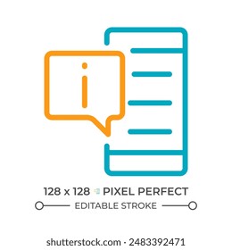 Get info from phone two color line icon. Digital information. Smartphone app. Mobile phone and speech bubble bicolor outline symbol. Duotone linear pictogram. Isolated illustration. Editable stroke