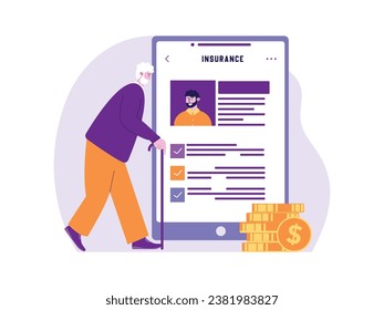 Get insurance in old age, complete data through a safe and secure website, bank vector illustration.