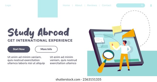 Get international experience while studying abroad. Start now and get more information about education course and disciplines. Website landing page template, internet site. Vector in flat style