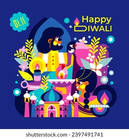 Get into the Diwali celebration with this modern illustration!
A cheerful Indian couple, a sea of ​​lights and an elephant create a festive atmosphere.
Experience the essence of Diwali in one design!