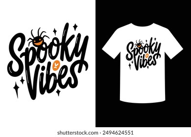 Get into the Halloween spirit with our "Spooky Vibes Halloween T-Shirt Design" featuring eerie graphics perfect for the spooky season. Ideal for parties, trick-or-treating, and festive fun.