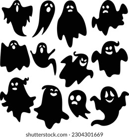 Get into the Halloween spirit with this set of 12 ghost vector silhouette illustrations. Each ghost is uniquely designed to be both spooky and cute.