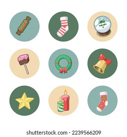 Découvrez l'esprit de fête avec cette collection festive de graphismes vectoriels de Noël ! Avec des icônes colorées comme des bonbons, un bas, un globe de neige, une couronne, une cloche, une étoile et une bougie.