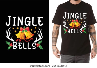 Get into the holiday spirit with this charming Jingle Bells design! Featuring vibrant golden bells tied with a festive red bow, surrounded by antlers, holly, and sparkling stars, this T-shirt radiates