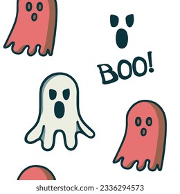 Get into the spooky spirit with this delightful seamless pattern featuring red and white ghosts and word 'Boo!'