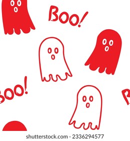 Get into the spooky spirit with this delightful seamless pattern featuring red and white ghosts and word 'Boo!'