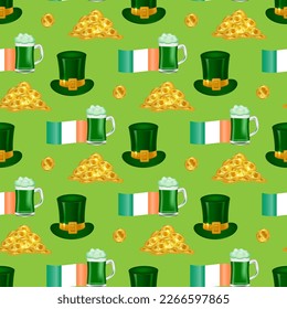 Get into the St. Patrick's Day spirit with our seamless pattern featuring the Irish flag, Leprechaun hat, beer mug, and gold coins. For wallpaper, fabric, wrapping paper. Vector.