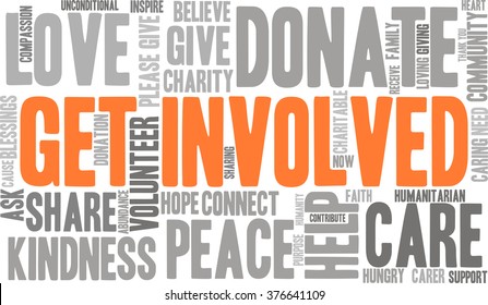 Get Involved word cloud on a white background. 