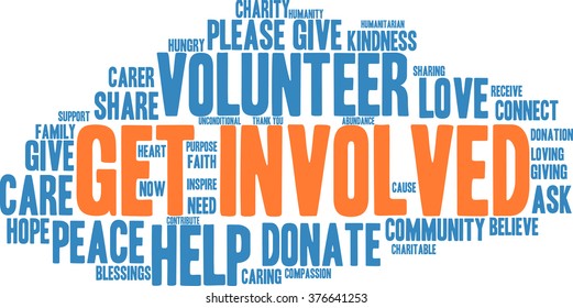 Get Involved word cloud on a white background. 