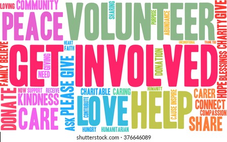 Get Involved word cloud on a white background. 