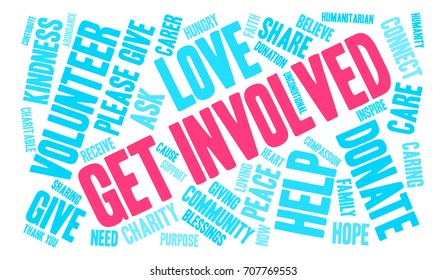 Get Involved word cloud on a white background. 