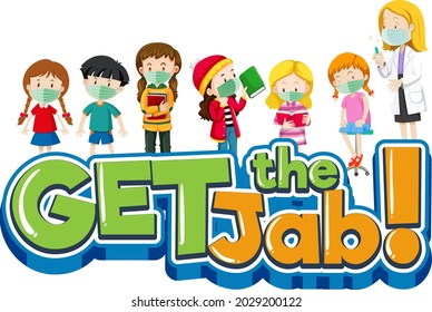 Get the Jab font banner with doctor and many kids cartoon character illustration