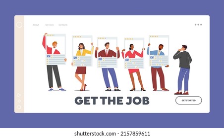 Get the Job Landing Page Template. Unemployed Characters Holding Resume Paper Sheet With Avatar and Skills. Job Seekers with Cv. Funny Business People Search Job. Cartoon People Vector Illustration