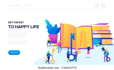 Get the key to happy life web banner. Vector design image. Concept of the key to your happy life. Modern illustration slider site page. Background with books and keys for them.