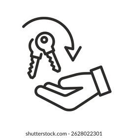 get keys icon, hire car or rental estate, key in hand, thin line vector illustration