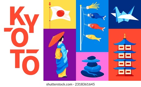 Get to know Kyoto - set of flat design style colorful illustrations. Colored images of geisha in kimono with umbrella, japan flag, koinobori fish, origami paper crane, shinto shrine and pebble pyramid