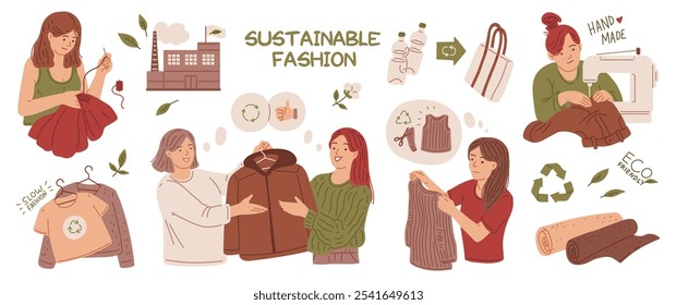 Get to know sustainable fashion with this vector set focused on recycling and ethical consumption. Second-hand clothes and reusable bags that protect nature..
