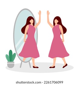 Get to know yourself better concept vector illustration. Woman greeting herself in the mirror in flat design on white background.