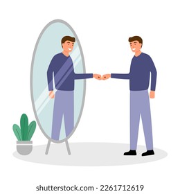 Get to know yourself better concept vector illustration. Man greeting himself in the mirror in flat design on white background.