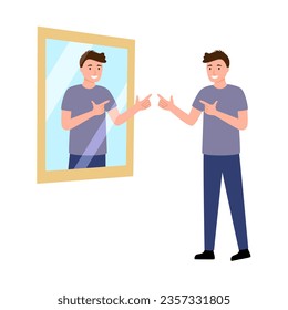 Get to know yourself better concept vector illustration. Man greeting himself in the mirror in flat design on white background.