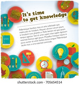 Get knowledge cartoon composition with text and isolated round icon set about school vector illustration