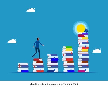 Get knowledge and work experience. man walking on stack of books on stairs with light bulbs