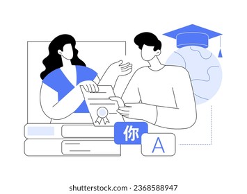 Get language certificate abstract concept vector illustration. Foreigner getting required level language certificate, citizen services, government sector, pass exam abstract metaphor.